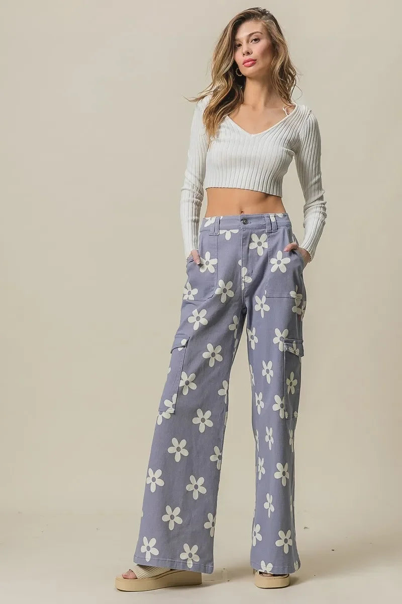 Floral Printed Wide Leg Pants With Pockets - Southern Shores Clothing