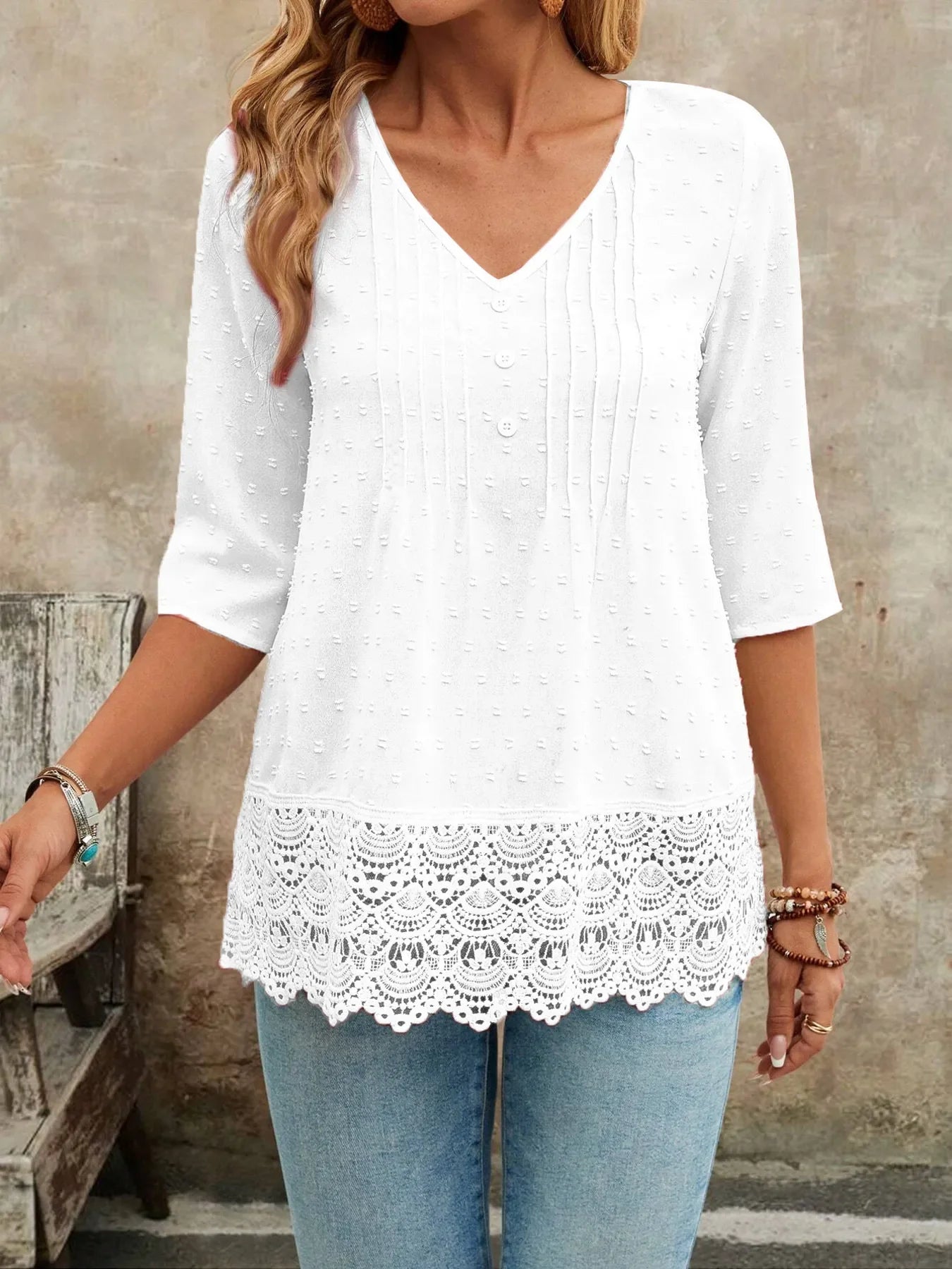 V-Neck Lace Hem Blouse With Decorative Button - Southern Shores Clothing