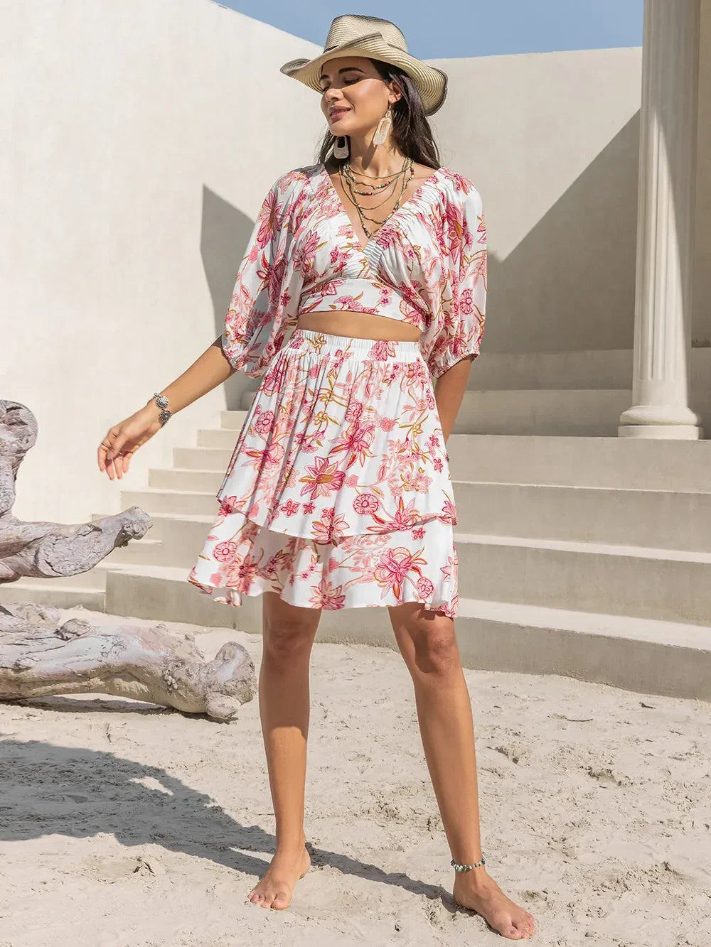 Floral Print Two Piece Half Sleeve Top and Layered Skirt Set - Southern Shores Clothing