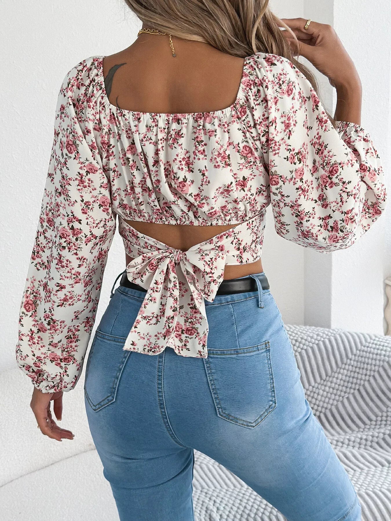 Floral Balloon Sleeve Square Neck Crop Blouse - Southern Shores Clothing