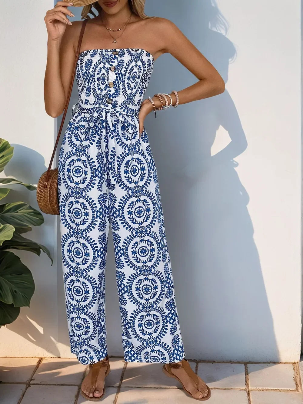 Smocked Tube Jumpsuit With Pockets Wide Leg - Southern Shores Clothing