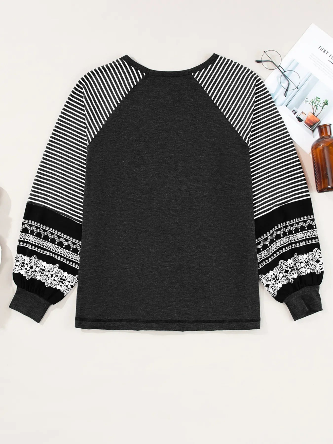 Contrast Print Striped Raglan Long Sleeve Loose Top - Southern Shores Clothing