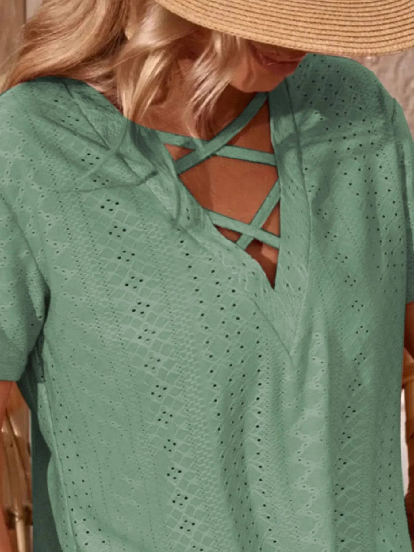 Eyelet Crisscross Short Sleeve T Shirt With Stretch Fabric - Southern Shores Clothing