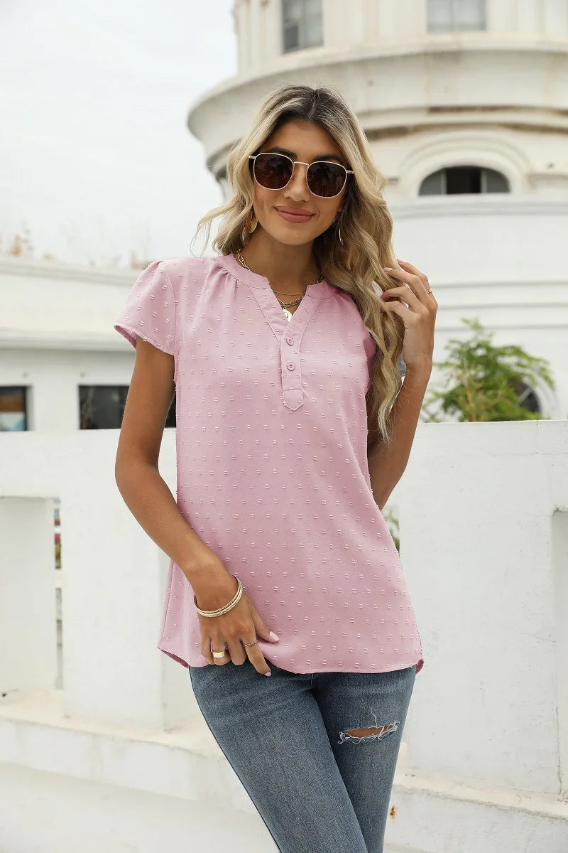 Swiss Dot Notched Neck Short Sleeve Top Casual Wear - Southern Shores Clothing