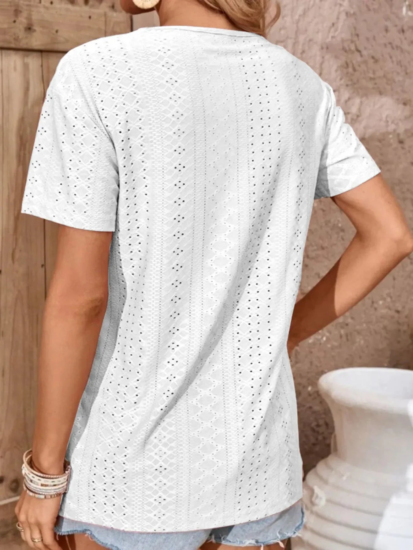 Eyelet Crisscross Short Sleeve T Shirt With Stretch Fabric - Southern Shores Clothing