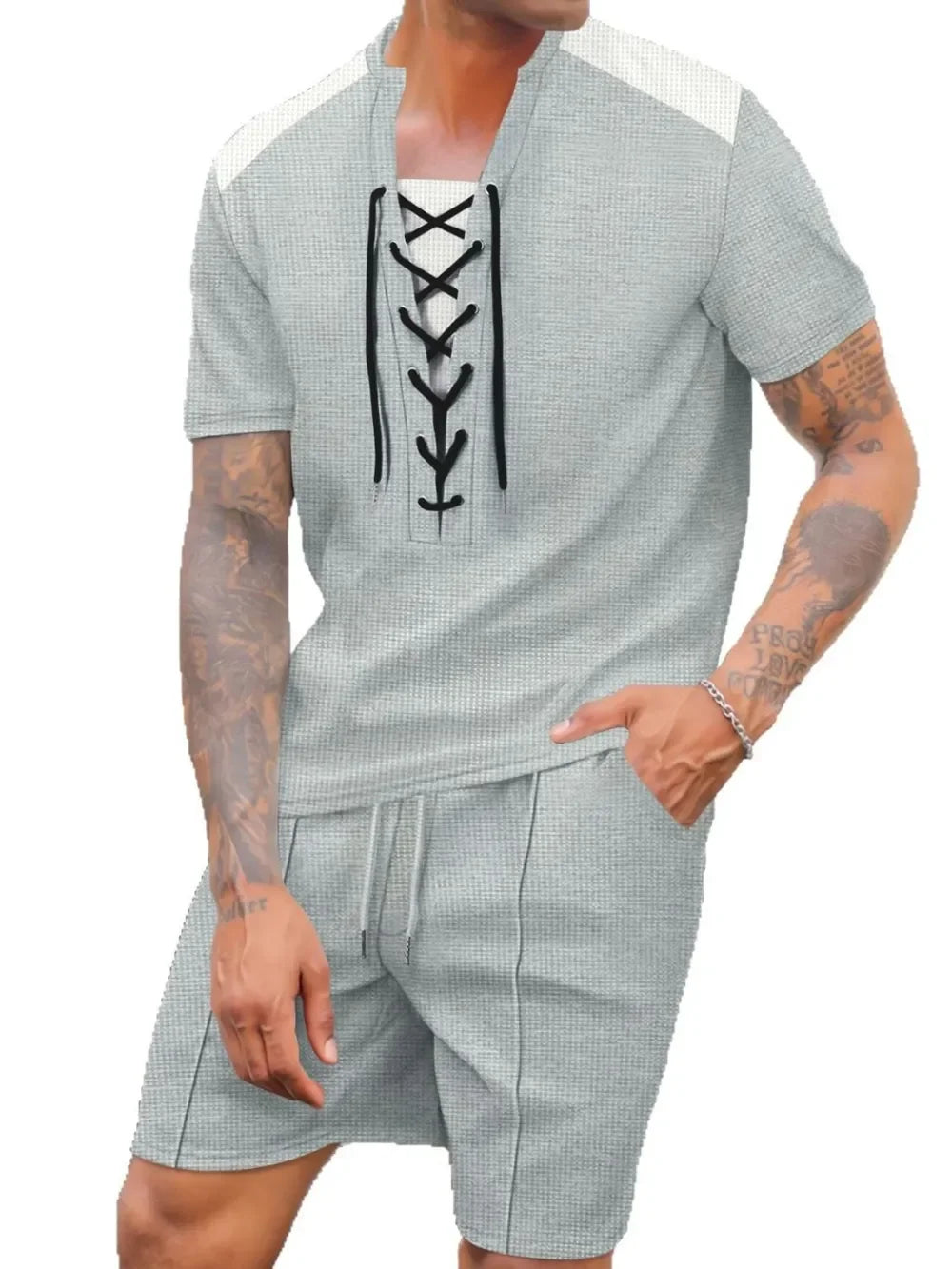 Men's Full Size Lace-Up Waffle Knit Top and Shorts Set Plus Size - Southern Shores Clothing