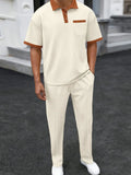 Men's Full Size Waffle-Knit Contrast Polo and Pants Set Plus Size - Southern Shores Clothing