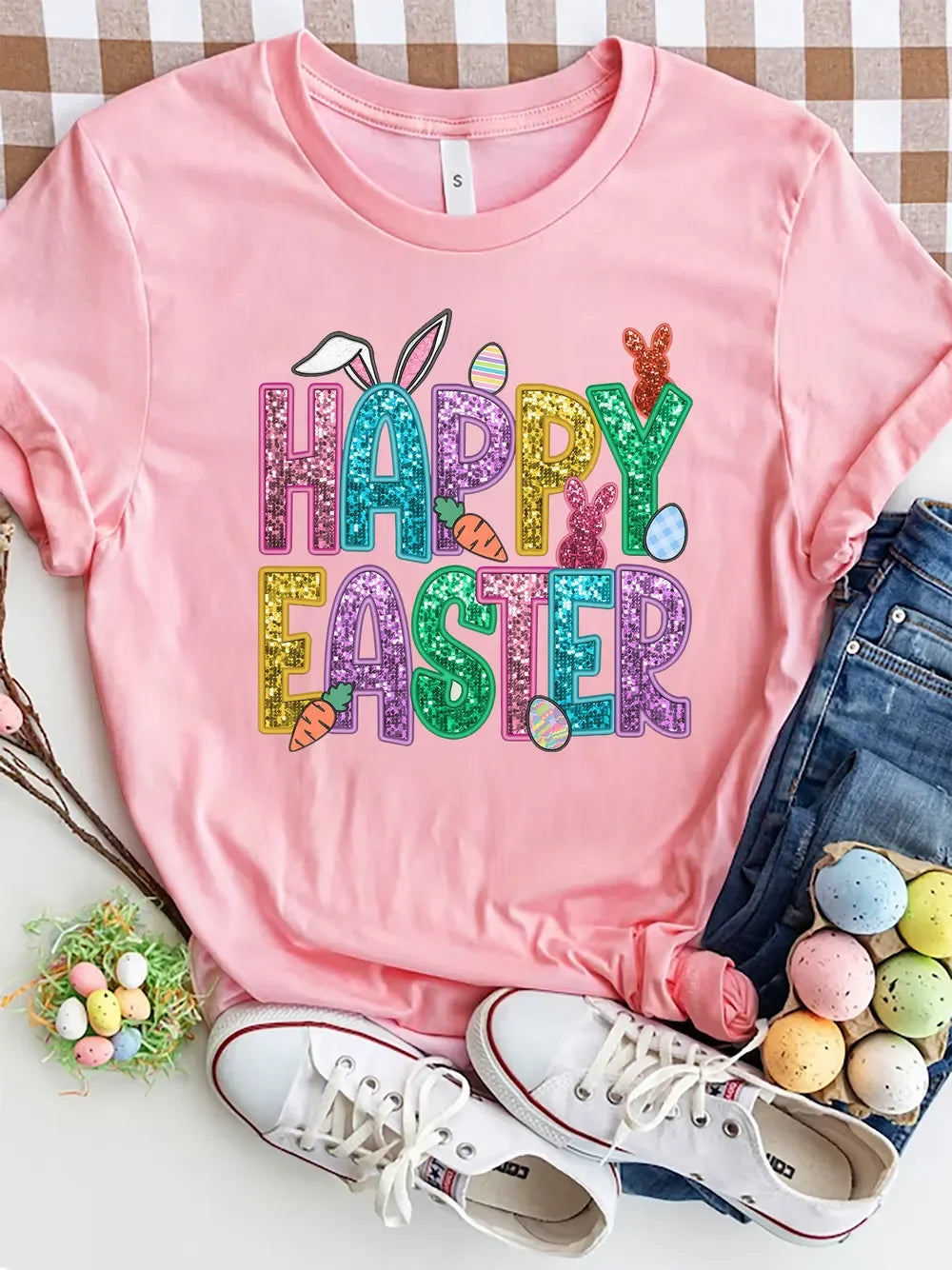 Happy Easter Round Neck Short Sleeve T Shirt - Southern Shores Clothing
