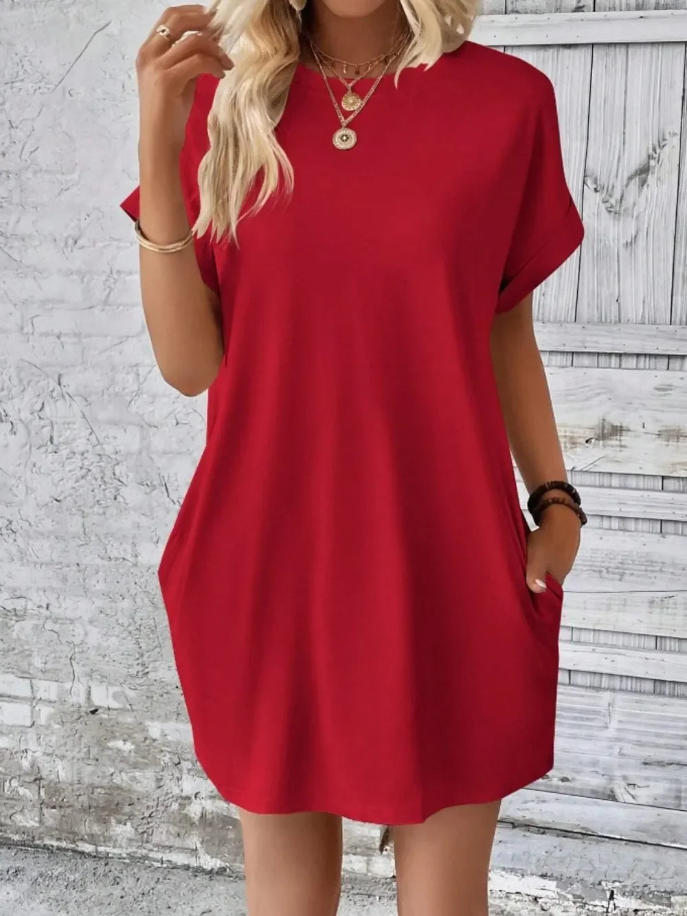 Pocketed Round Neck Short Sleeve Dress - Southern Shores Clothing