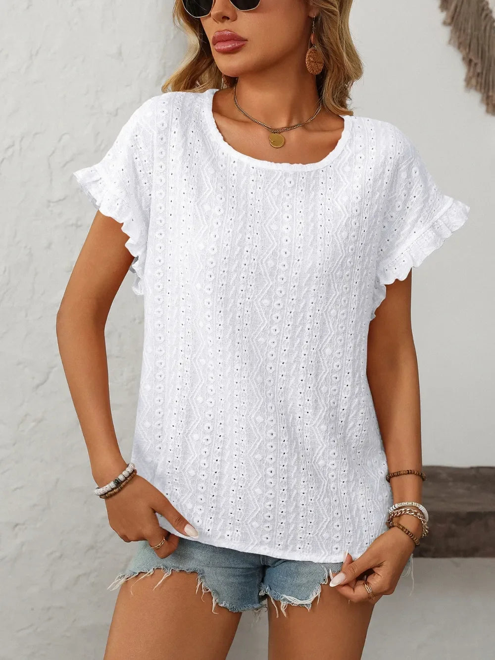 Eyelet Frill Round Neck Short Sleeve Top - Southern Shores Clothing