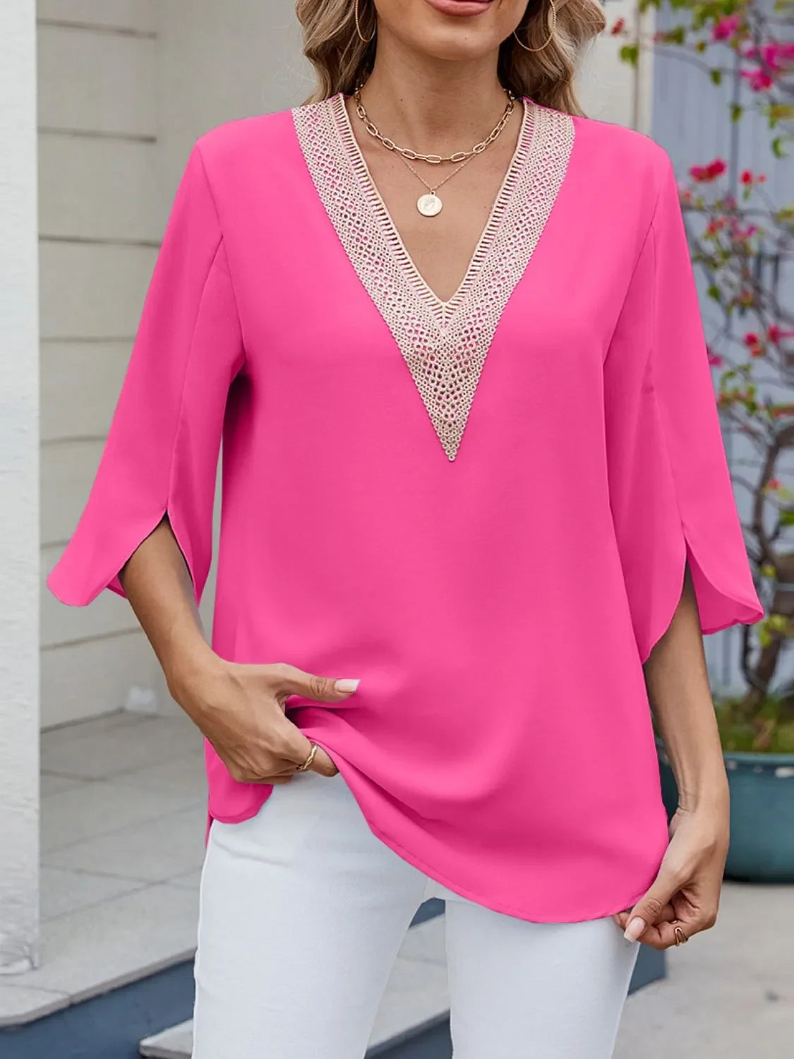 V-Neck Three Quarter Sleeve Lace Blouse Rayon Blend Fabric - Southern Shores Clothing