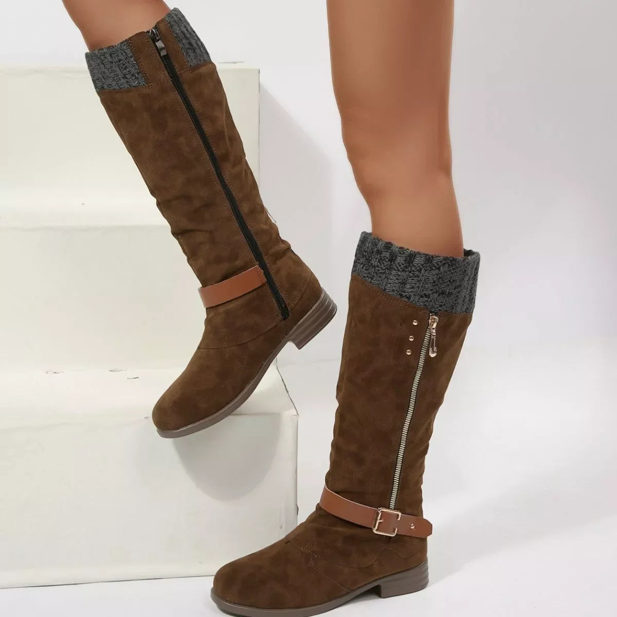 Round Toe Block Heel Boots Suede Rubber Casual