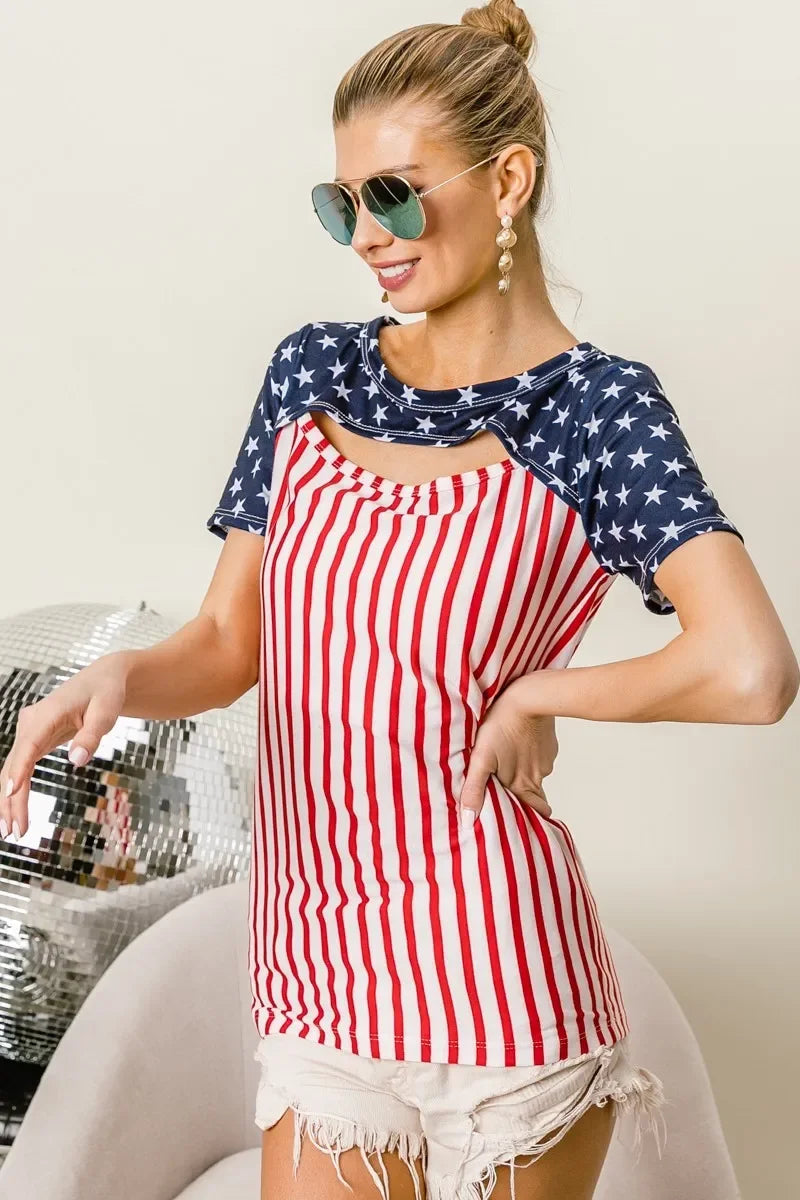 American Flag Front Cut Out T Shirt Top Lightweight - Southern Shores Clothing