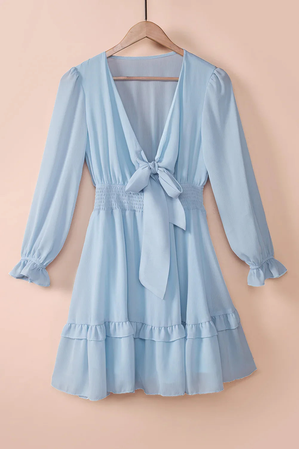 Tied Plunge Smocked Waist Flounce Sleeve Dress - Southern Shores Clothing