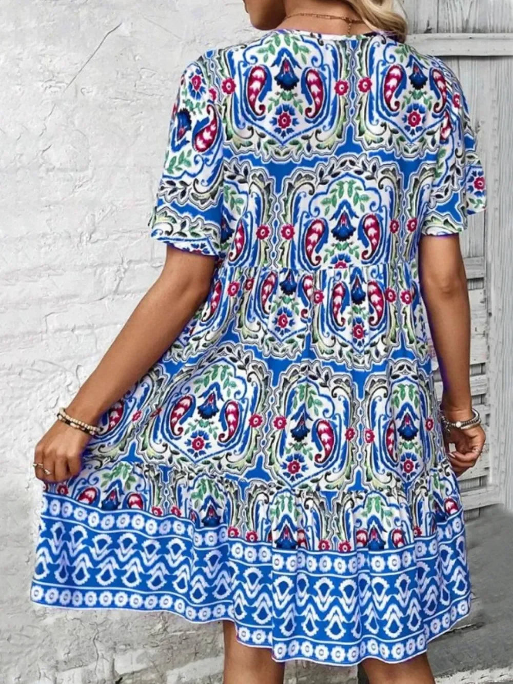 Printed Tie Neck Short Sleeve Dress With Paisley Print Pattern - Southern Shores Clothing