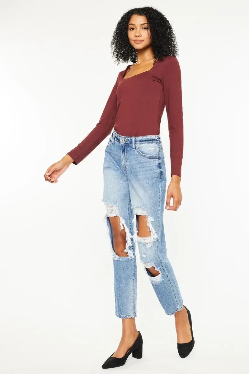 High Rise Distressed Boyfriend Jeans Stretch Denim - Southern Shores Clothing