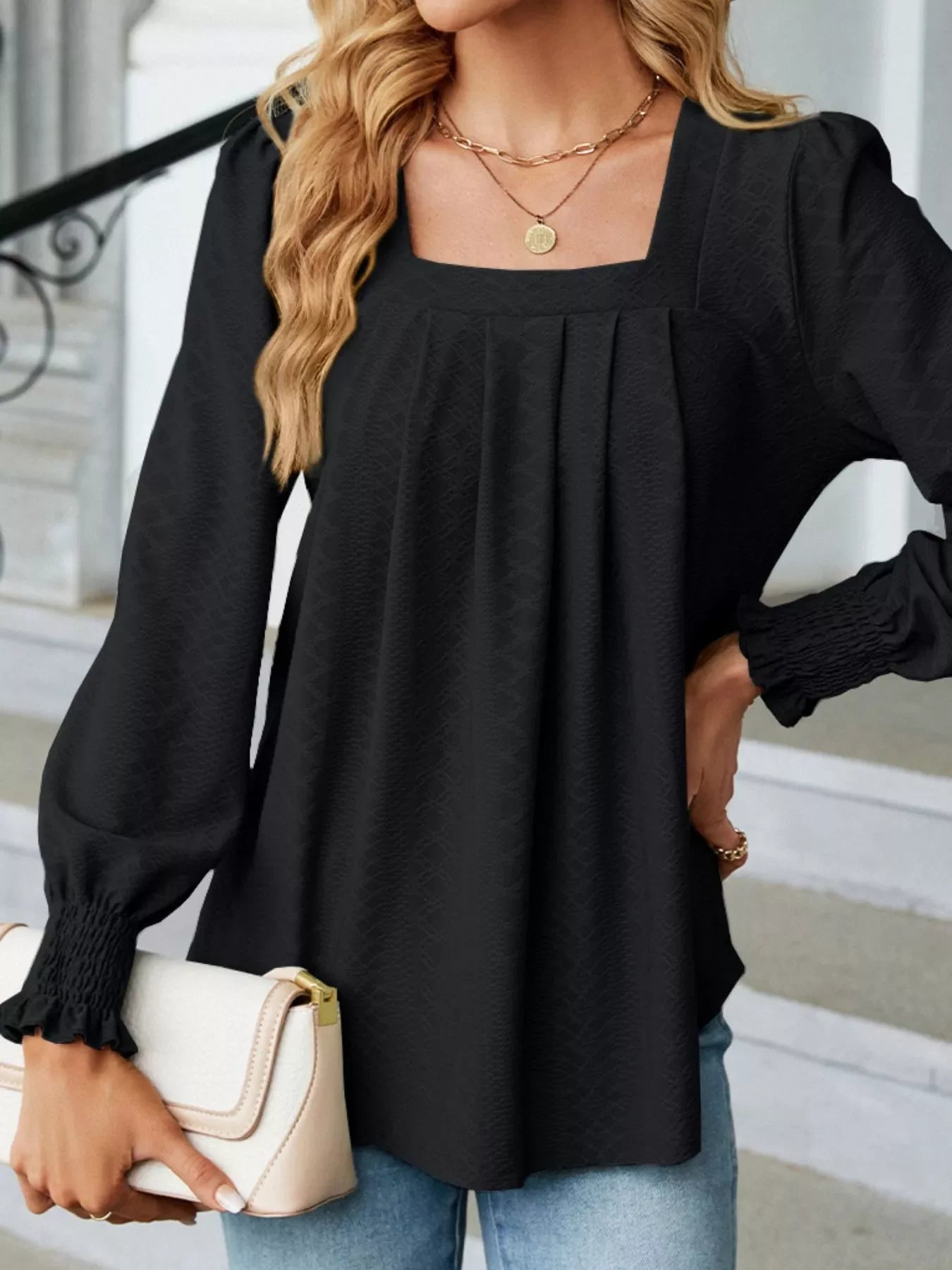 Pleated Square Neck Long Sleeve Top - Southern Shores Clothing