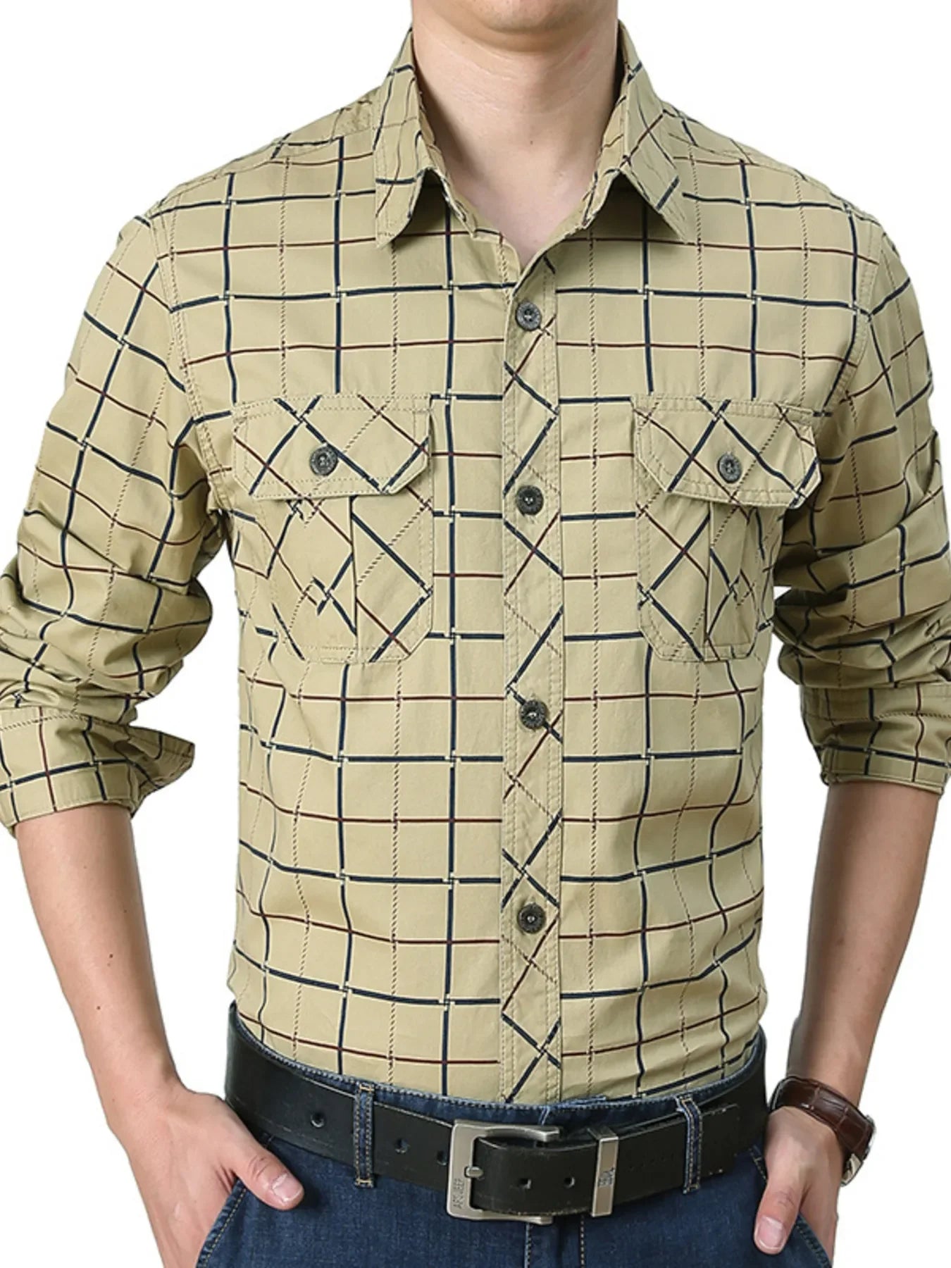 Plus Size Plaid Long Sleeve Shirt Cotton Blend