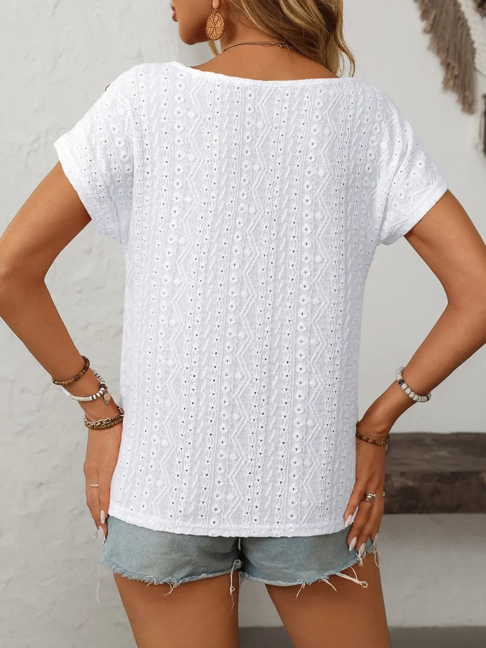 Eyelet Round Neck Short Sleeve Top With Decorative Button - Southern Shores Clothing