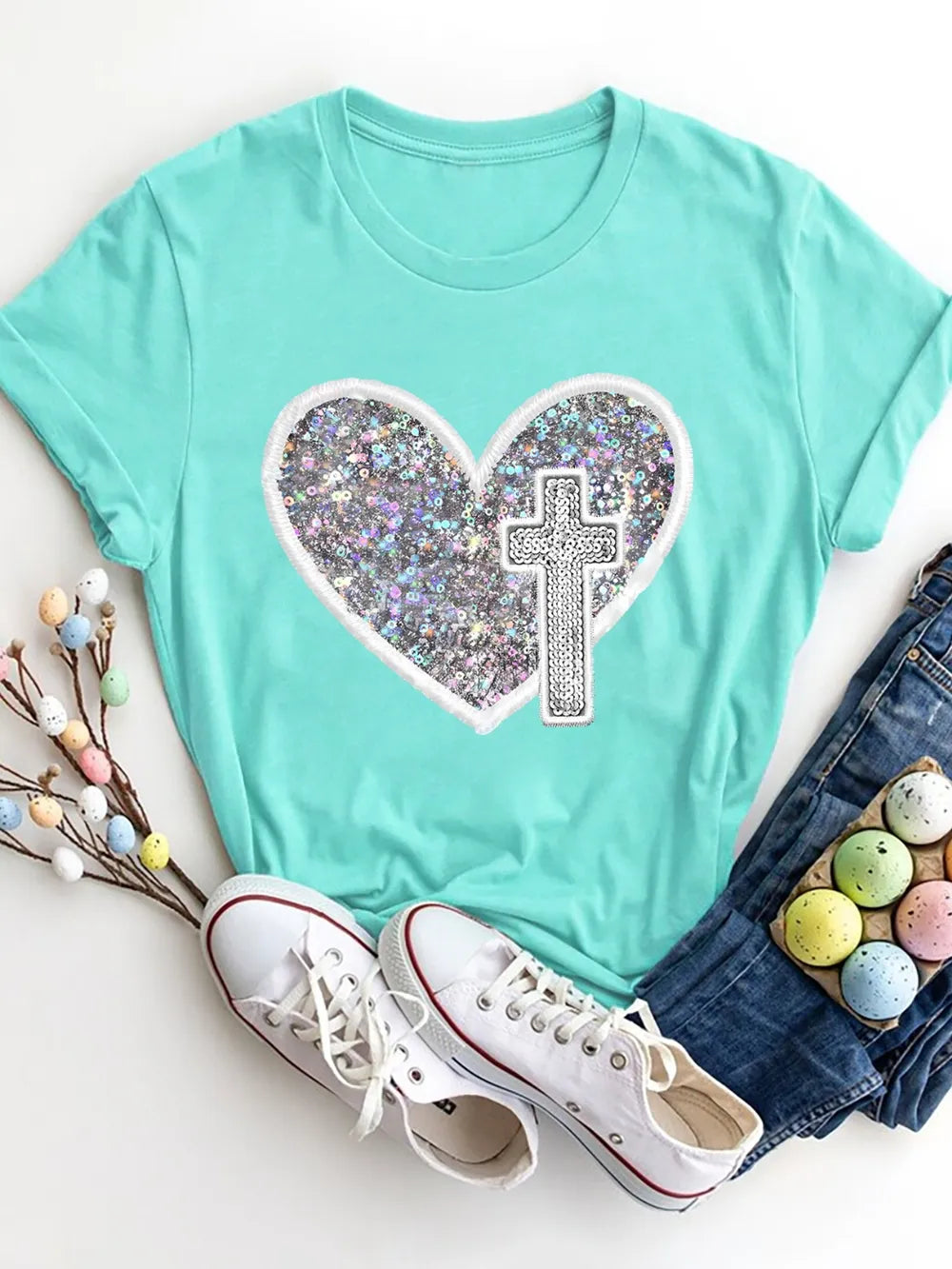 Women's Graphic Heart Print Round Neck Short Sleeve T-Shirt