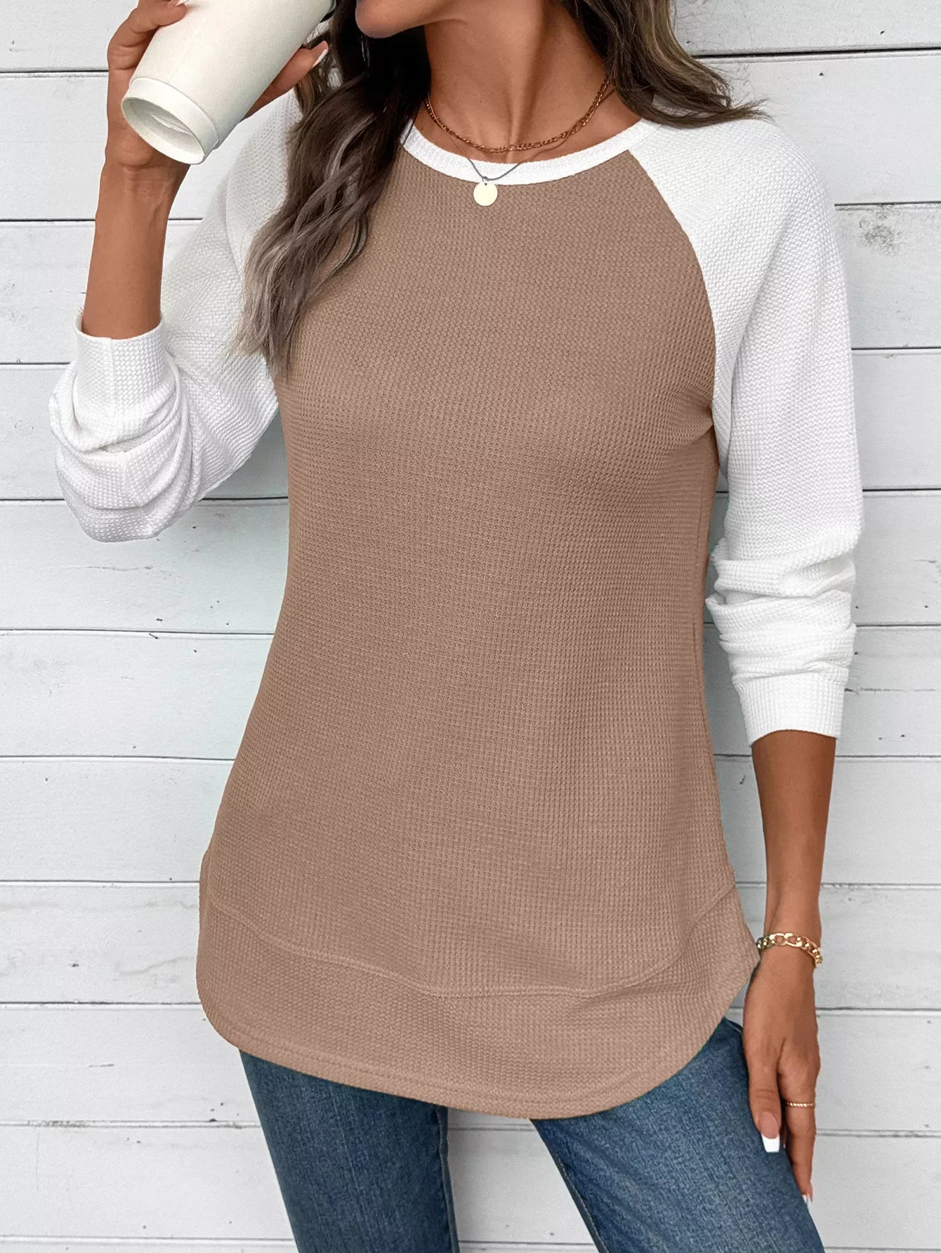 Contrast Raglan Sleeves Waffle Knit T Shirt - Southern Shores Clothing