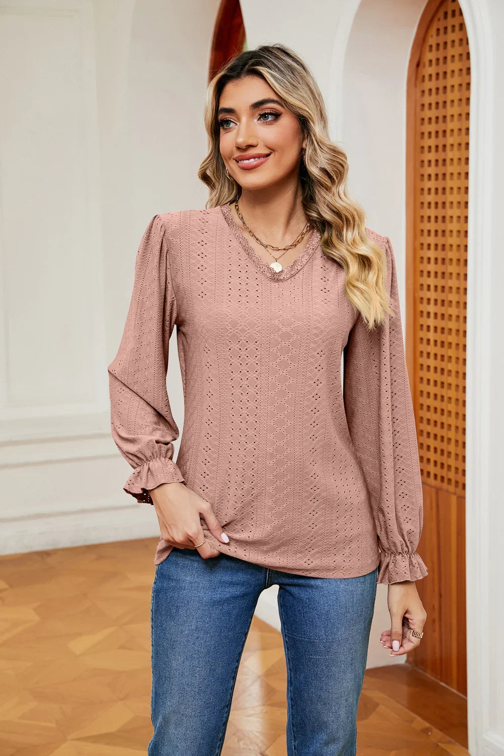 Southern Shores V-Neck Flounce Sleeve Lace Blouse In Stretch Rayon Blend Fabric For Versatile Wear - Southern Shores Clothing