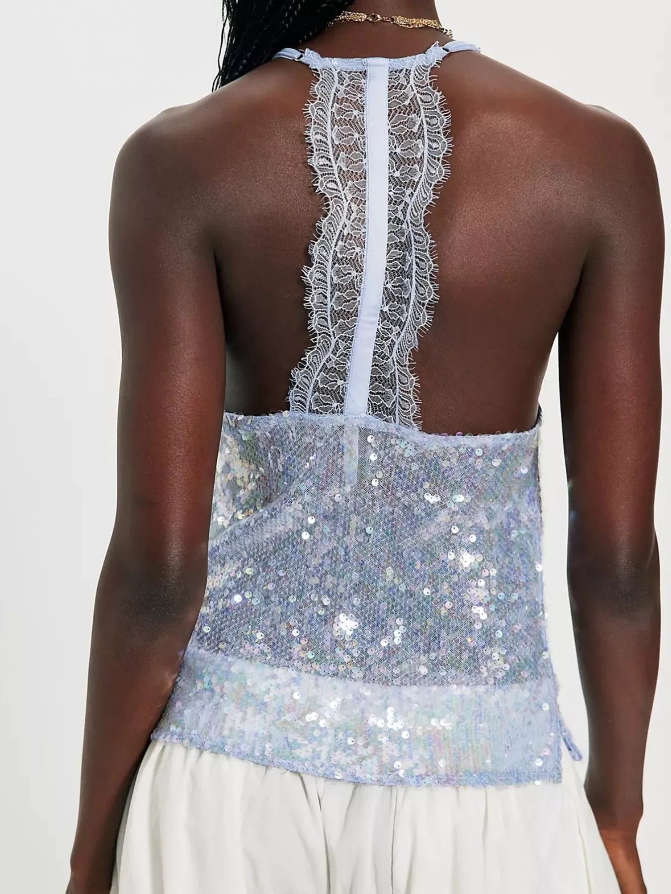 Sequin Lace Trim Halter Neck Cami Top With Elegant Embellishment - Southern Shores Clothing