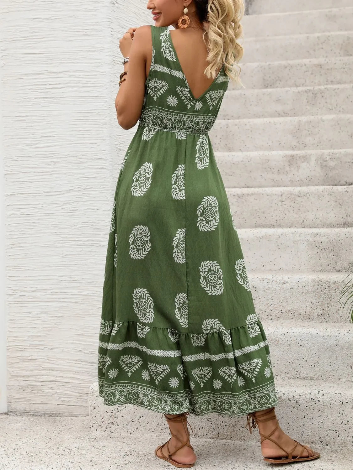 Printed V-Neck Sleeveless Maxi Dress With Tie Waist Tiered Hem - Southern Shores Clothing