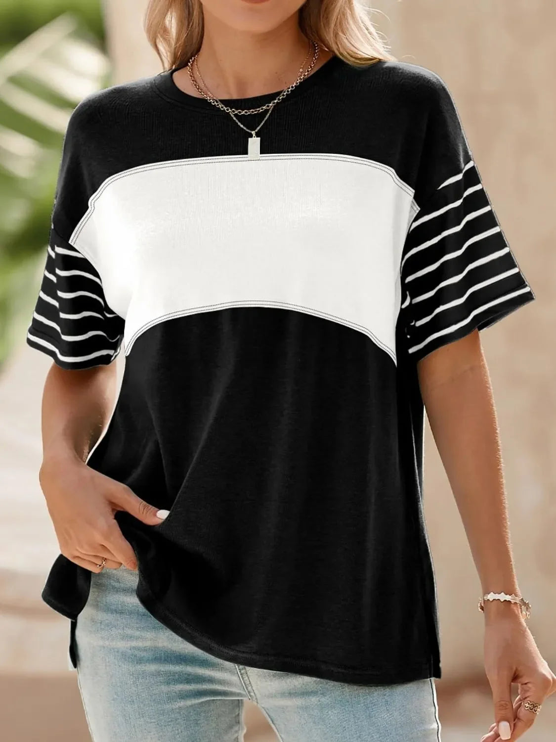 Block Striped Sleeve T Shirt With Lightweight Fabric - Southern Shores Clothing