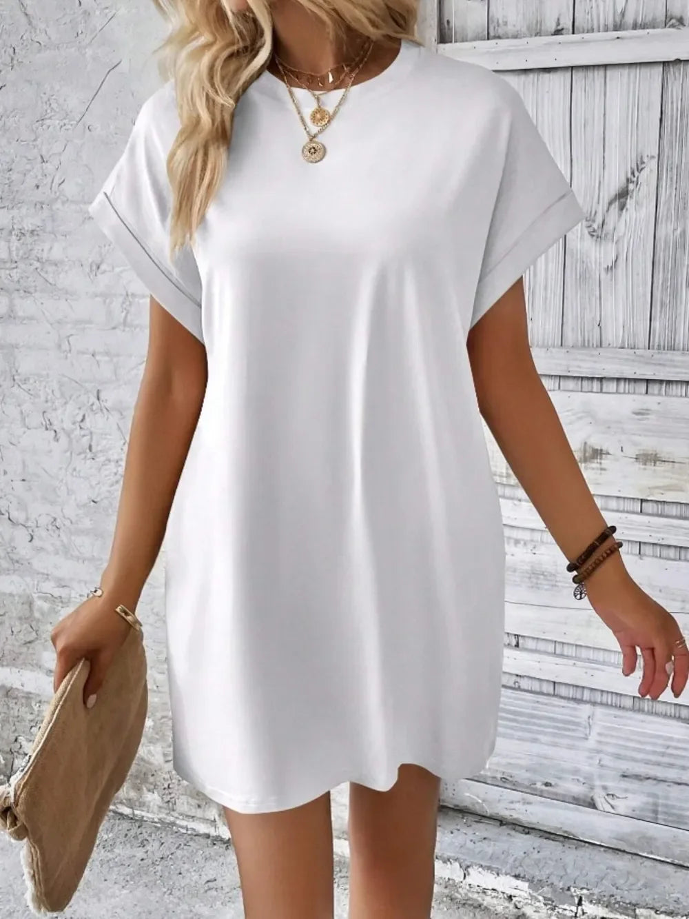 Pocketed Round Neck Short Sleeve Dress - Southern Shores Clothing