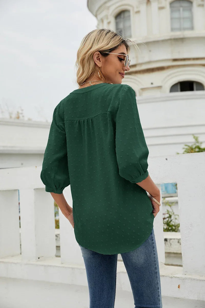 Swiss Dot Notched Neck Three-Quarter Sleeve Blouse - Southern Shores Clothing