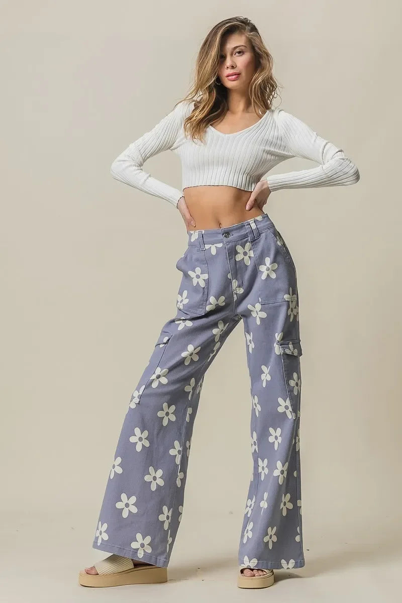 Floral Printed Wide Leg Pants With Pockets - Southern Shores Clothing
