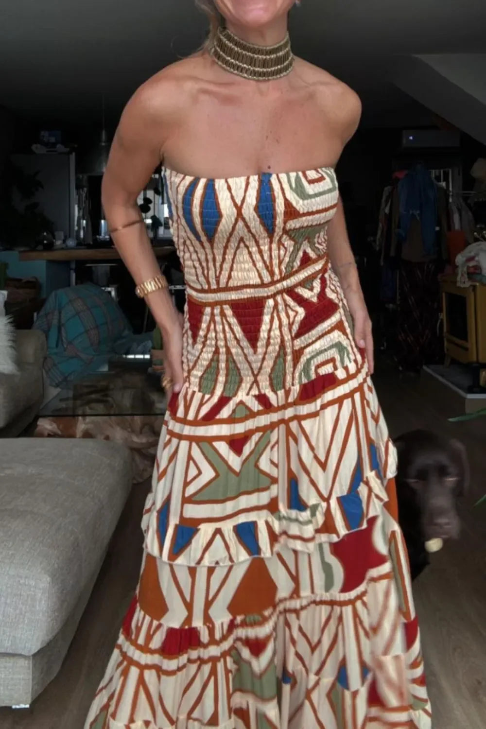 Smocked Printed Tube Dress With Geometric Abstract Print - Southern Shores Clothing