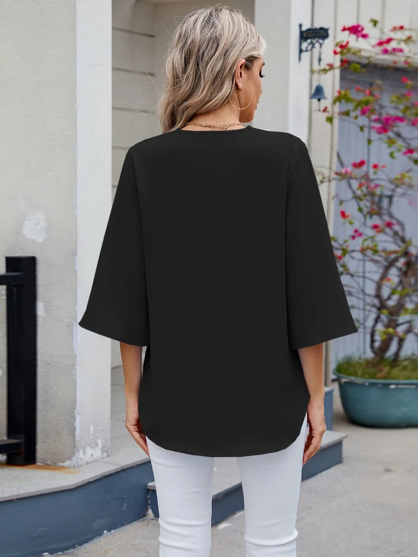 V-Neck Lace Trim Blouse With Rayon Blend And Spade Design - Southern Shores Clothing