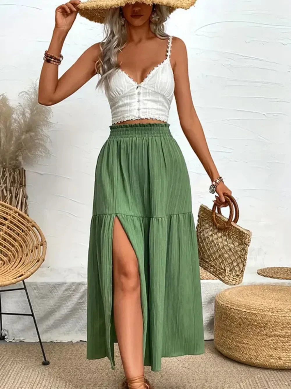 Lightweight Polyester Blend Frill Slit Skirt - Southern Shores Clothing