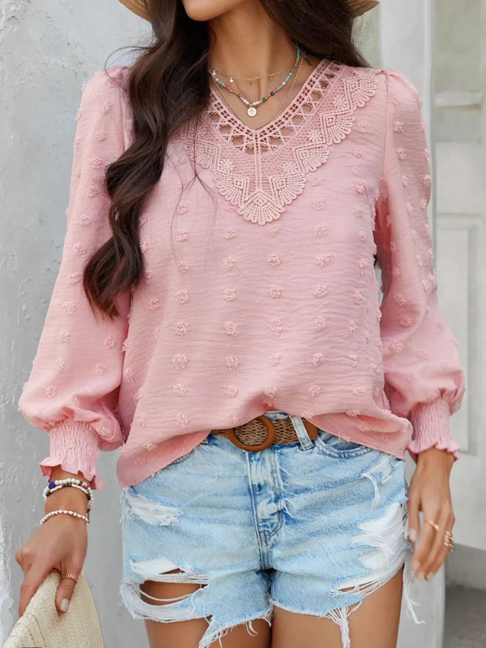 Swiss Dot Lace Detail V-Neck Long Sleeve Blouse - Southern Shores Clothing