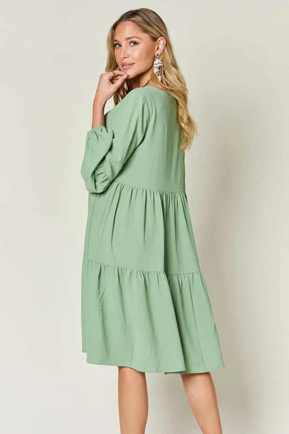 V Neck Balloon Sleeve Tiered Dress With Pockets