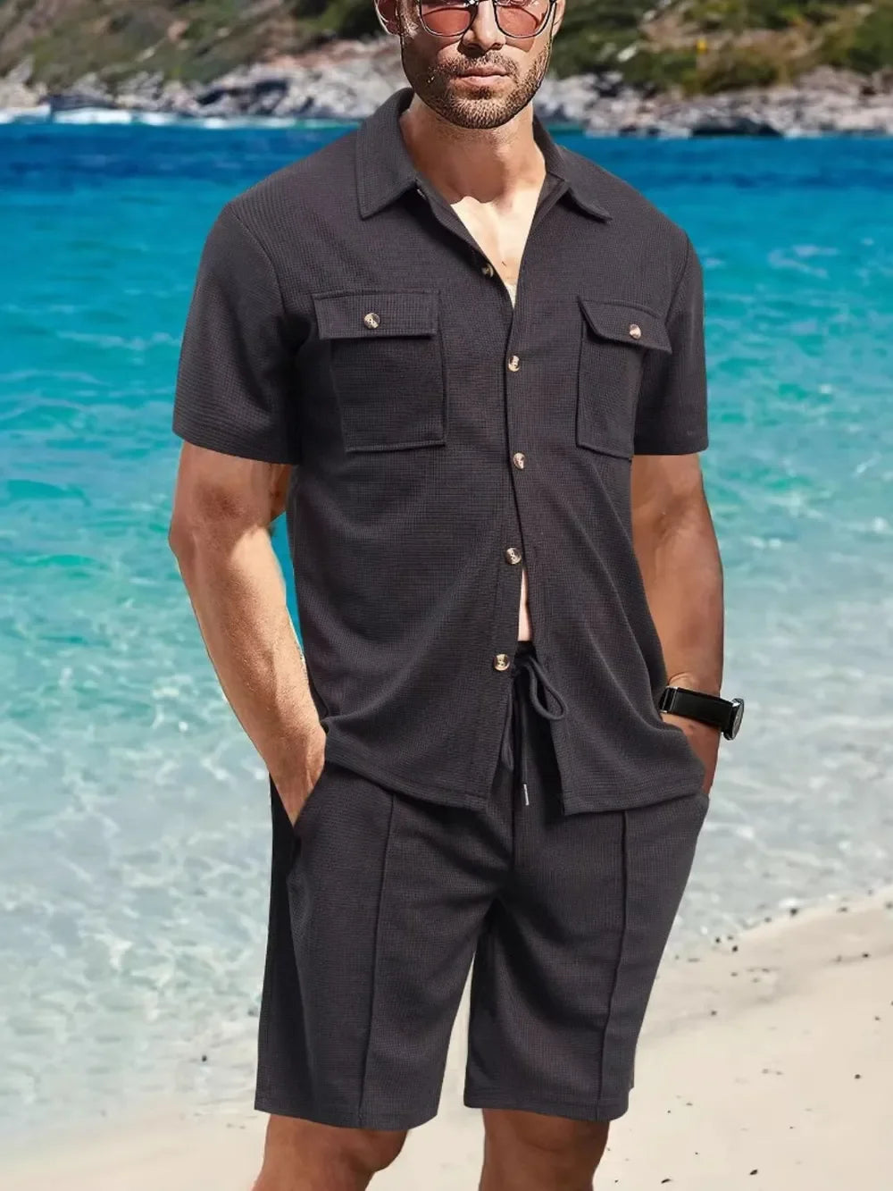 Men's Full Size Button Down Short Sleeve Top and Shorts Set Plus Size - Southern Shores Clothing