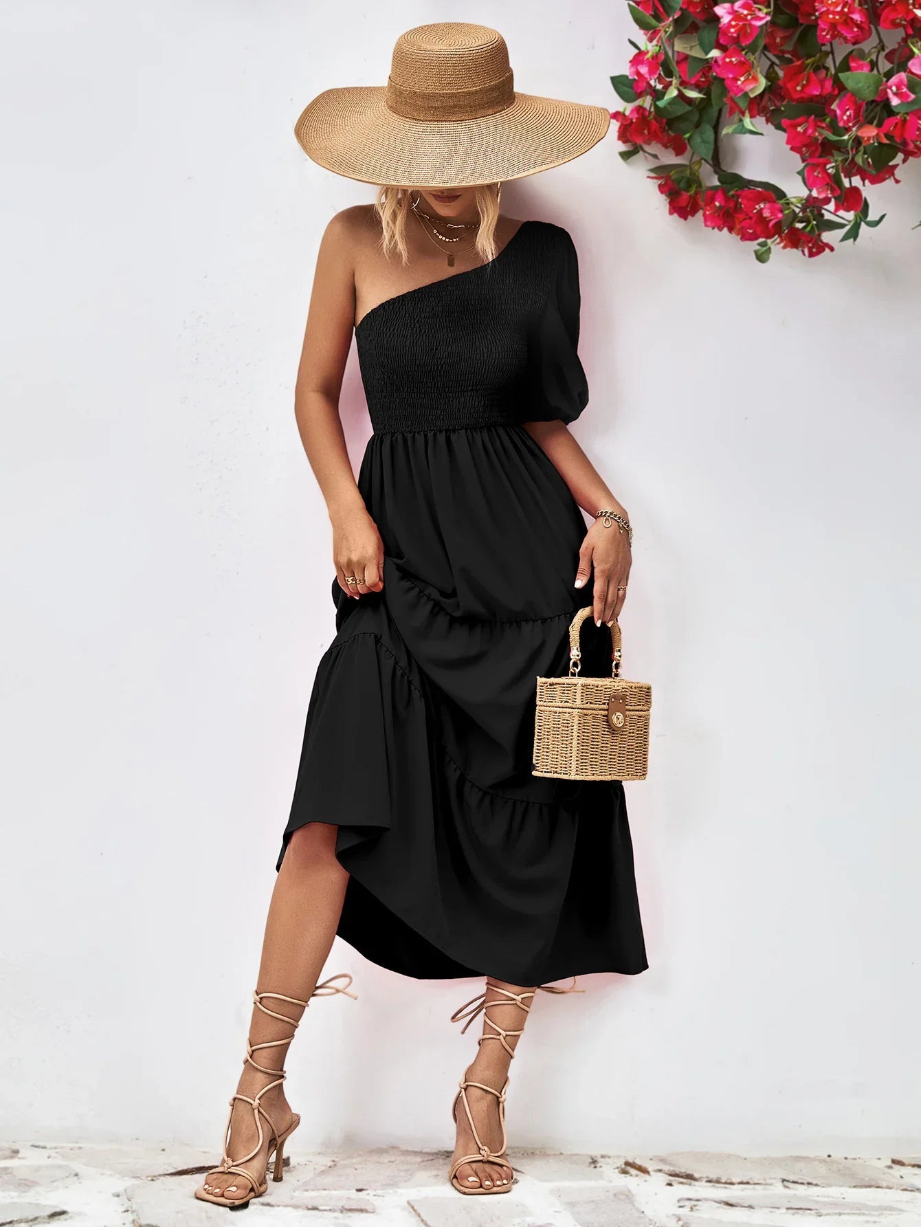 Smocked One-Shoulder Midi Dress Silhouette - Southern Shores Clothing