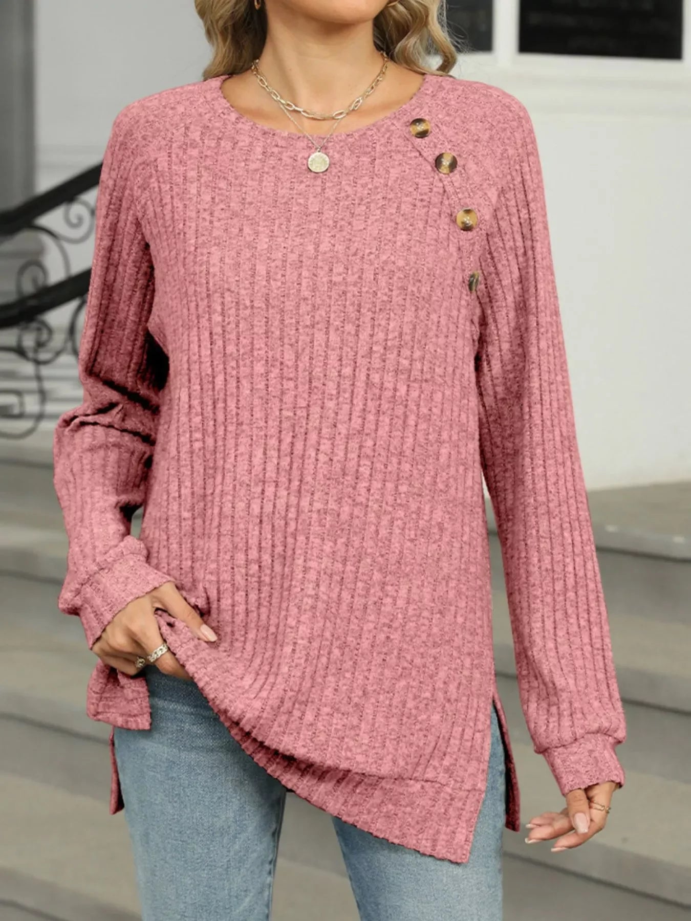 Round Neck Side Slit Ribbed Knit Top with Asymmetric Button Detail - Southern Shores Clothing