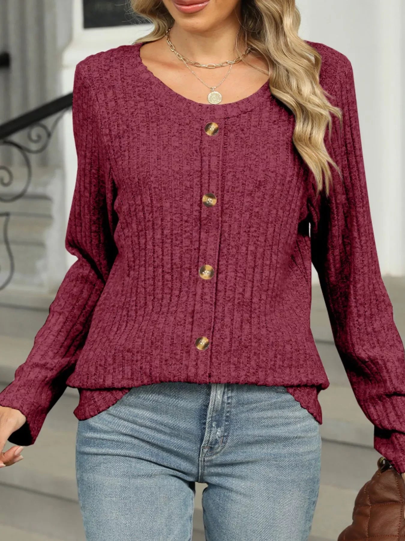 Ribbed Round Neck Long Sleeve Top - Southern Shores Clothing