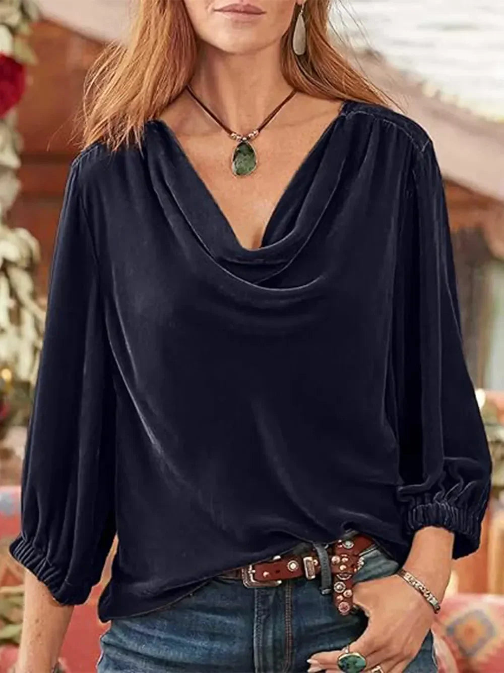 Stretchy Cowl Neck Three-Quarter Sleeve Top - Southern Shores Clothing