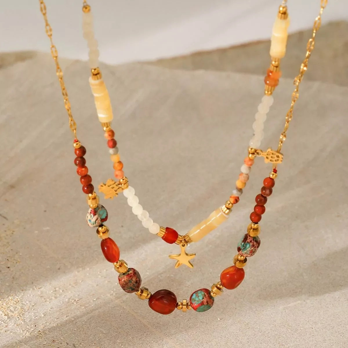 Two-Piece 18K Gold-Plated Natural Stone Bead Necklace Set - Southern Shores Clothing