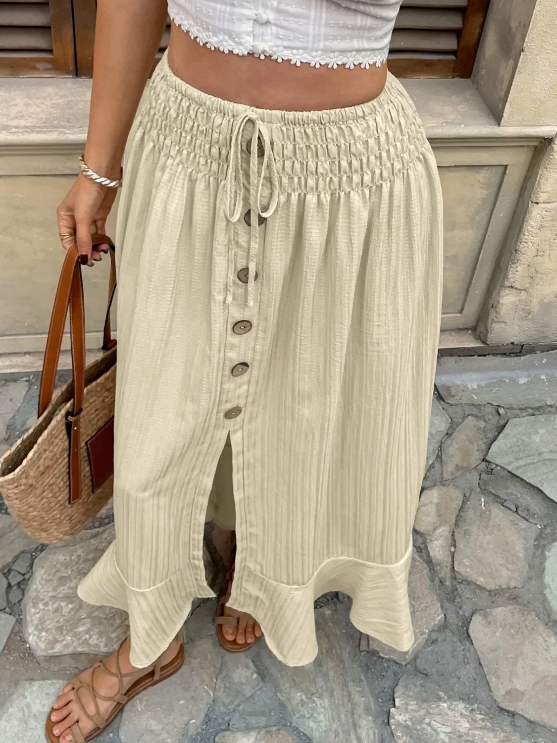 Ruffled Hem Slit Skirt With Lace And Adjustable Waist - Southern Shores Clothing