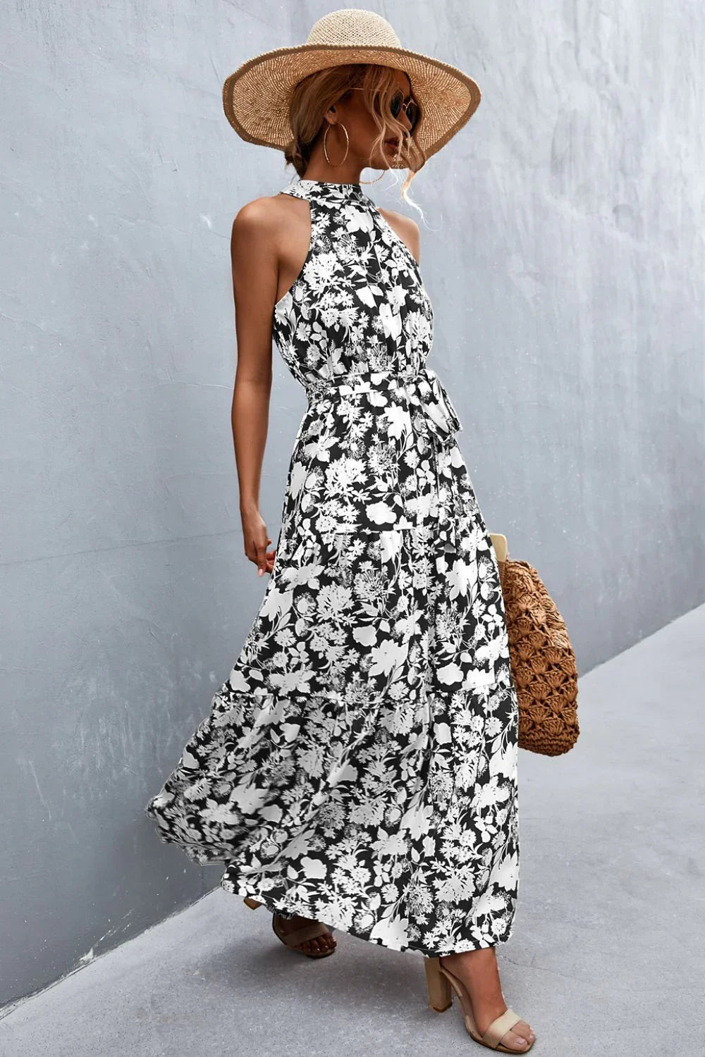 Printed Sleeveless Tie Waist Maxi Dress Polka Dot - Southern Shores Clothing