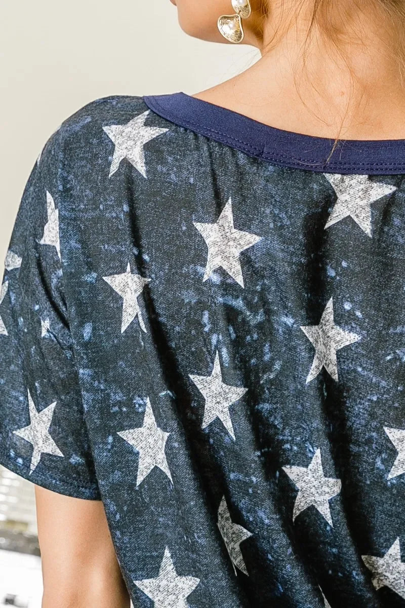 Vintage Star Print Tee With Contrast Caged Neck - Southern Shores Clothing