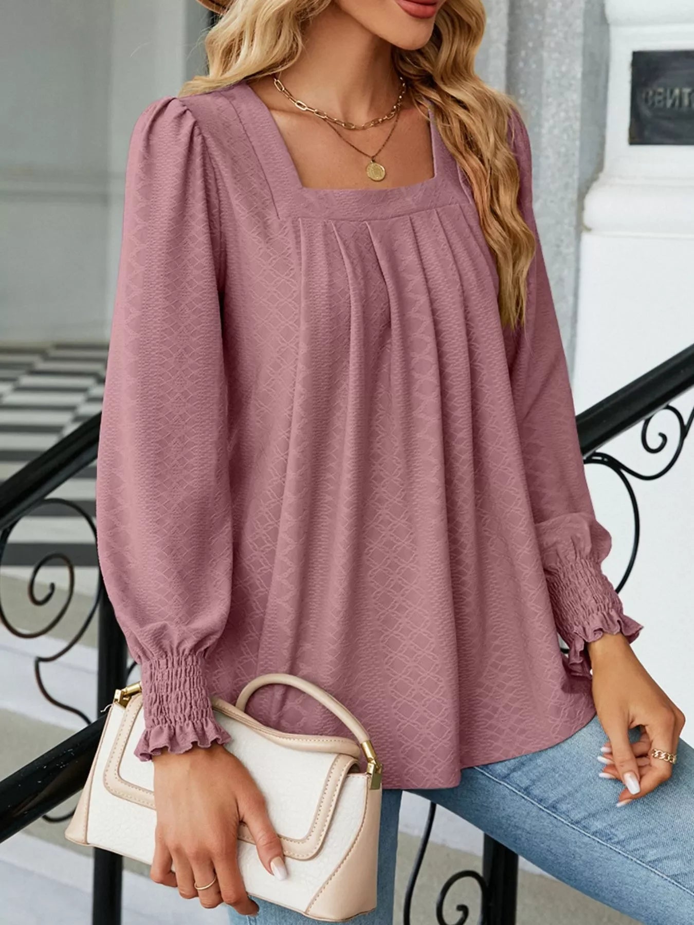 Pleated Square Neck Long Sleeve Top - Southern Shores Clothing
