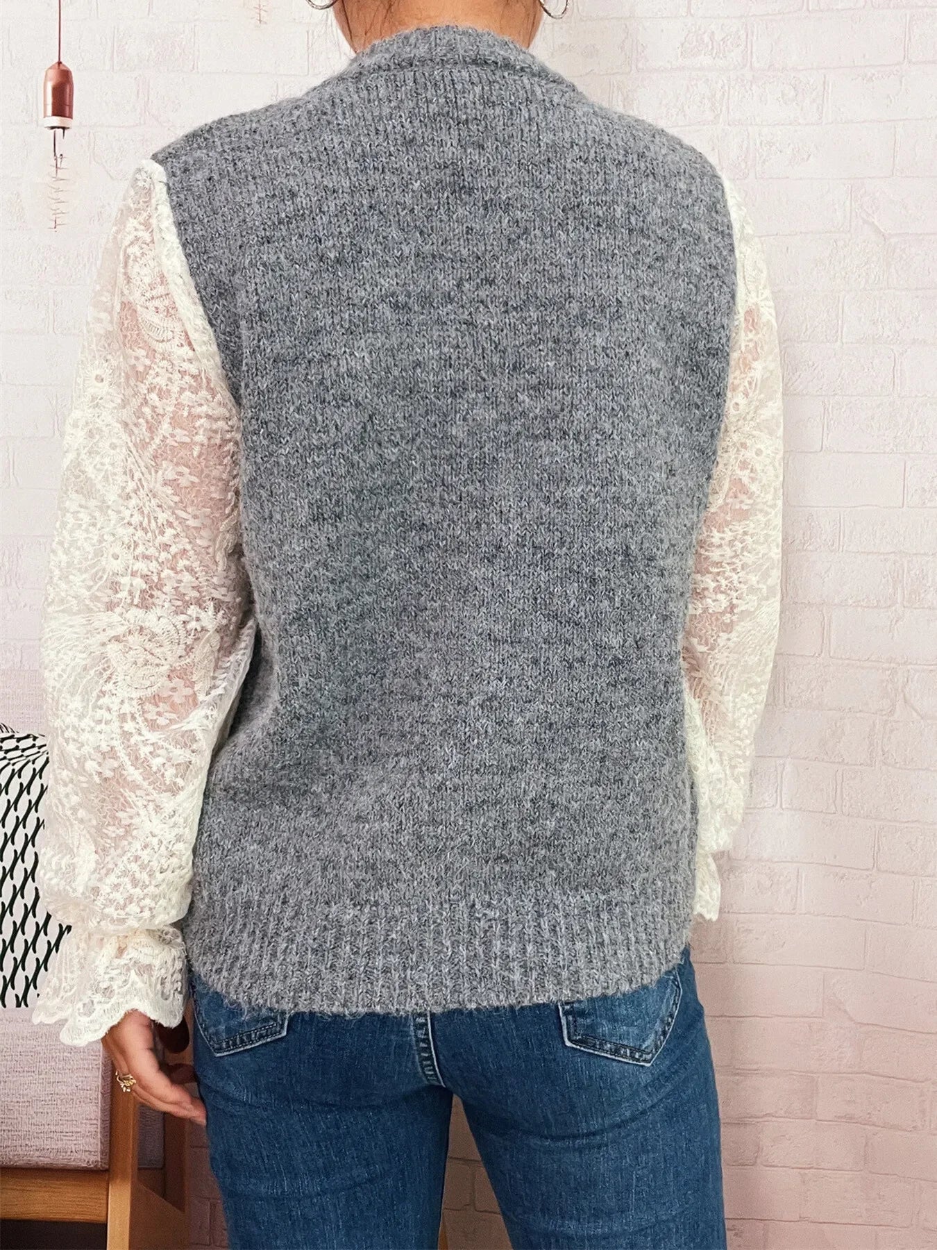 Lace Sleeve Button-Up Cardigan With Ruffled Detail - Southern Shores Clothing