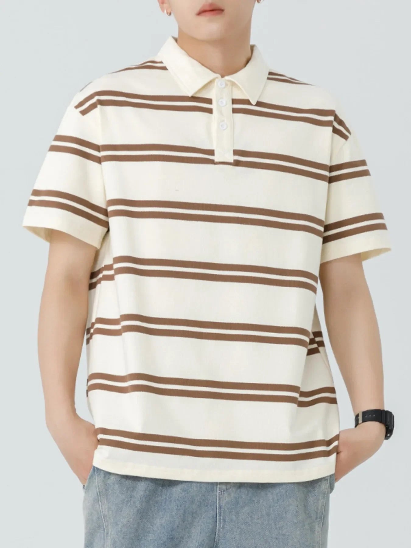 Plus Size Striped Short Sleeve Button Polo - Southern Shores Clothing