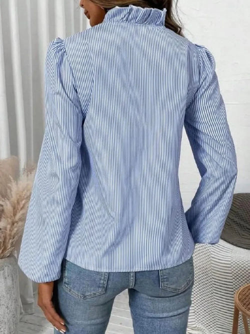 Striped V-Neck Long Sleeve Frill Blouse - Southern Shores Clothing